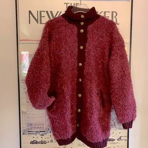 Hand knit merlot wool sweater with contrast details & beautiful buttons